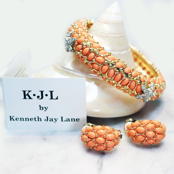 Kenneth Jay Lane Jewelry - ⚜️ Kenneth Jay Lane Tangerine Cabochon Earrings and Bracelet Jewelry Parure KJL